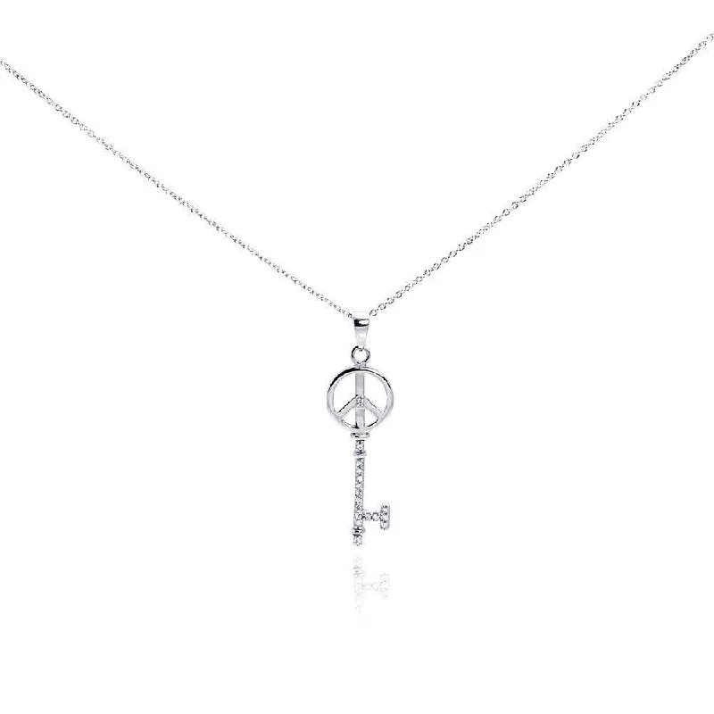 Necklaces and pendants with matching rings for a coordinated set of jewelry-Silver 925 Rhodium Plated Clear CZ Peace Key Pendant Necklace - STP00991