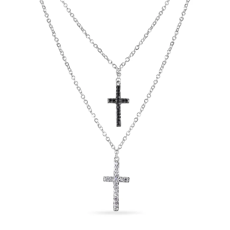 Necklaces and pendants with love knot designs for a romantic, meaningful symbol-Silver 925 Rhodium Plated Cross with Clear or Black CZ Stones Pendant Necklace - BGP00885