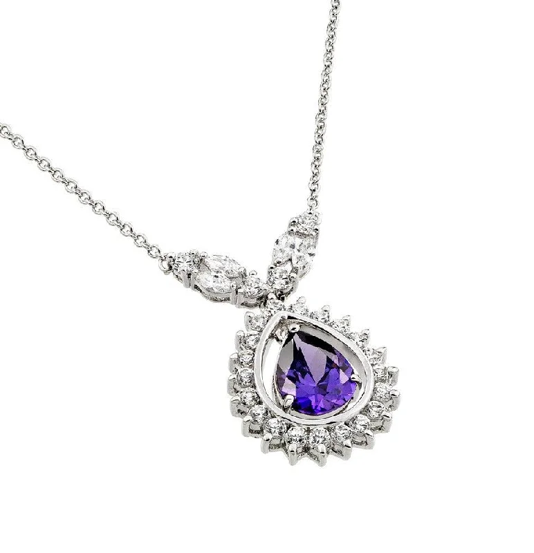 Beautiful necklaces and pendants with layered chains for a fashionable, chic look-Silver 925 Rhodium Plated Purple CZ Drop Shape Pendant Necklace - BGP00830A