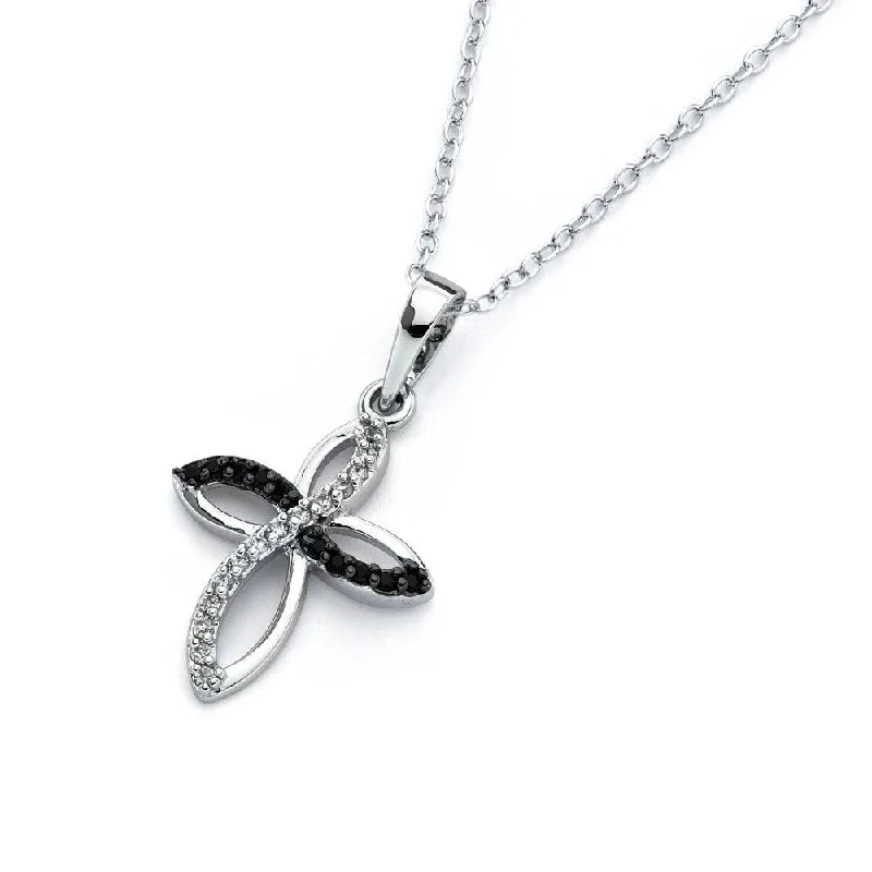 Stunning necklaces and pendants with aquamarine stones for a serene effect-Silver 925 Rhodium Plated Black CZ Petal Cross Pendant Necklace - STP01340