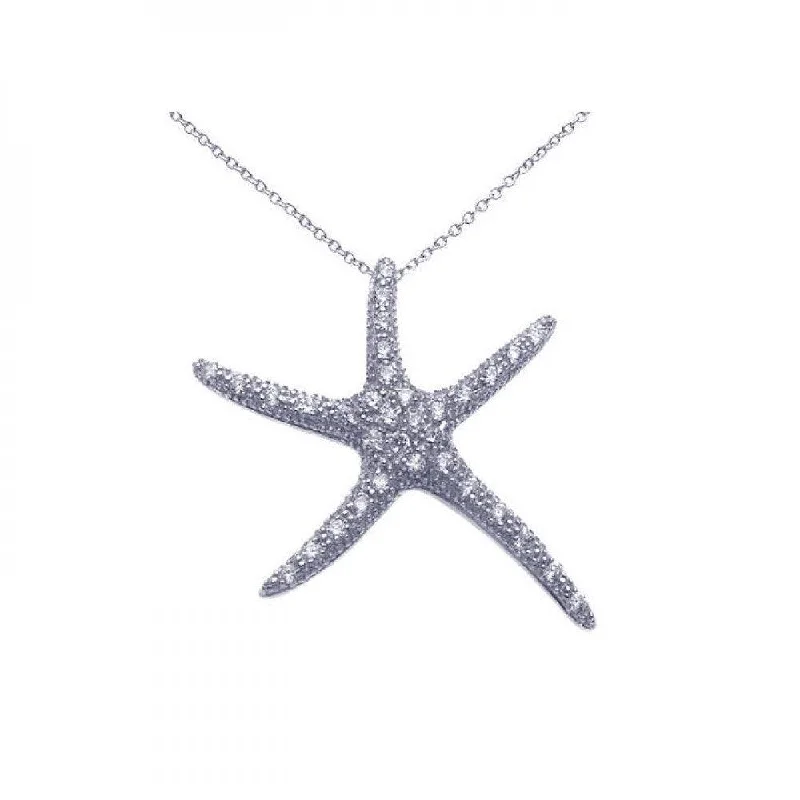 Best necklaces and pendants with opal and gold for a vibrant, luxurious contrast-Silver 925 Rhodium Plated Clear CZ Starfish Pendant Necklace - STP00886