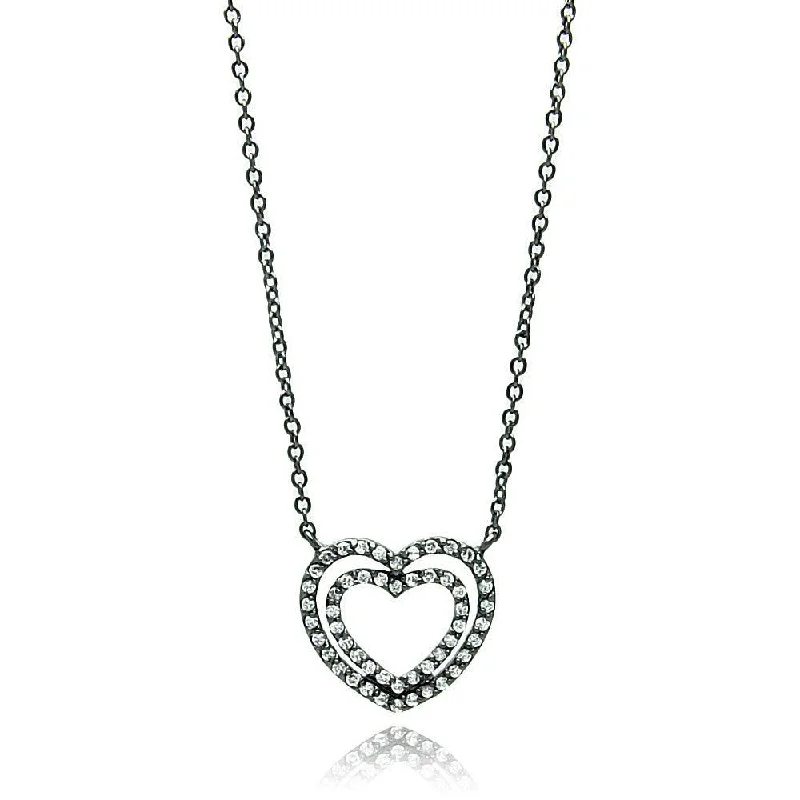 Necklaces and pendants with star-shaped designs for a whimsical, celestial touch-Silver 925 Black Rhodium Plated Open Double Heart CZ Necklace - BGP00693