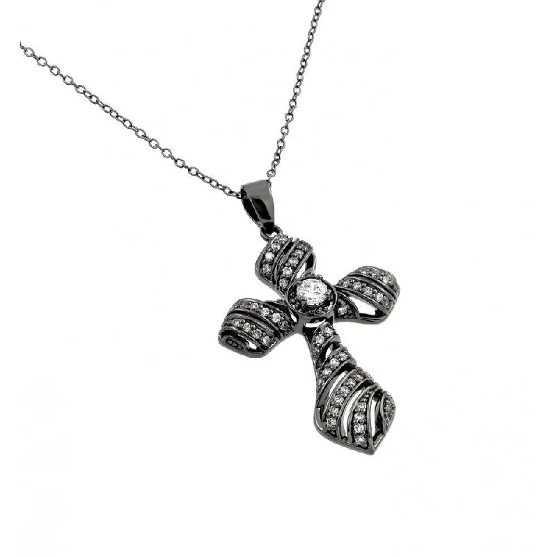 Fashionable necklaces and pendants with birthstones for a personalized gift idea-Silver 925 Black Rhodium Plated Clear CZ Stone Cross Pendant Necklace - BGP00859