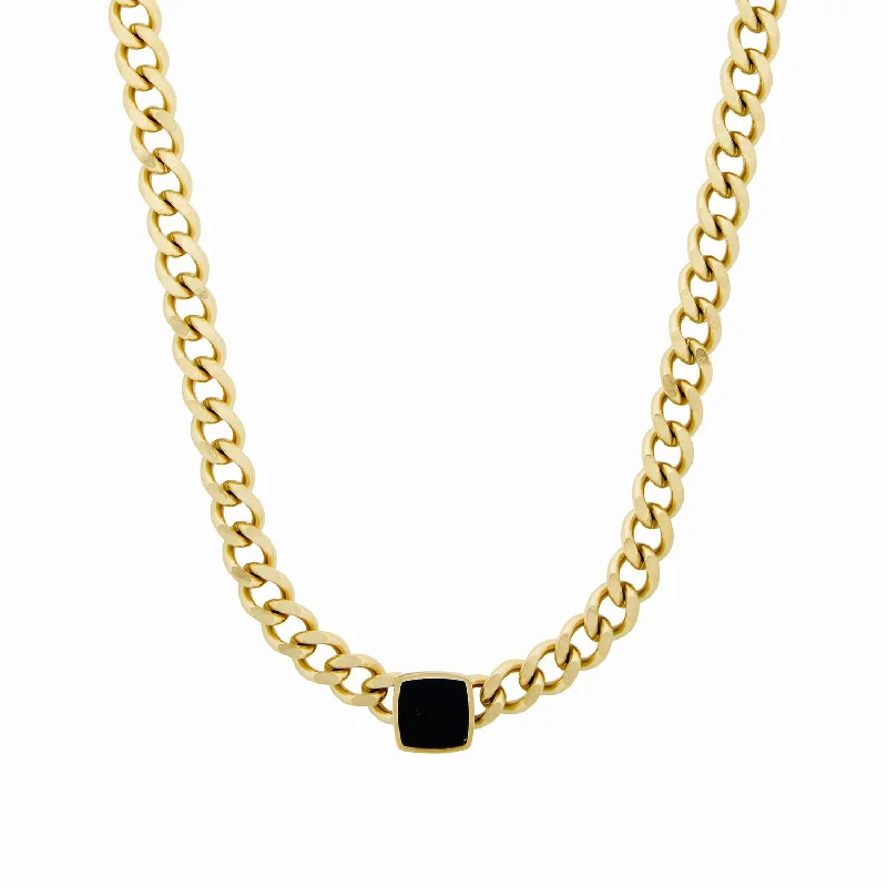 Layered necklaces and pendants for a trendy and fashionable stacked look-Onyx Square Pendant Cuban Chain - Gold