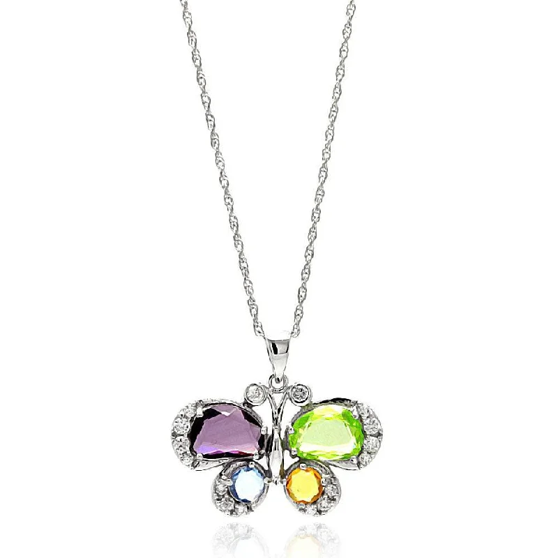 Best necklaces and pendants with layered designs for a chic, stacked look-Silver 925 Rhodium Plated Clear CZ Colorful Butterfly Pendant Necklace - STP01350