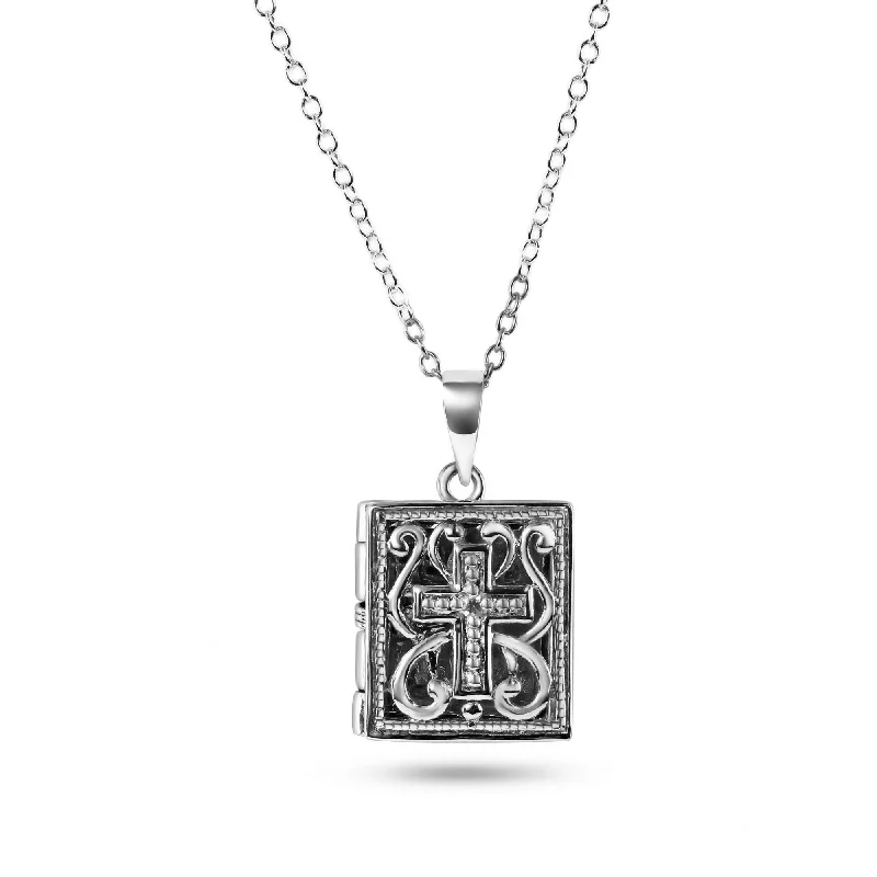 Best necklaces and pendants with butterfly pendants for a delicate, light style-Silver 925 Rhodium Plated Square Inner Cross Black Filigree CZ Necklace - BGP00588