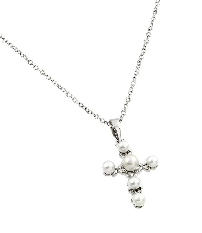 Necklaces and pendants with leaf-shaped designs for an earthy, organic feel-Silver 925 Rhodium Plated Cross Pearl Pendant Necklace - BGP00858