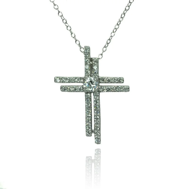 Best necklaces and pendants with intricate beadwork for a bohemian-inspired look-Silver 925 Rhodium Plated Double Cross Center Circle CZ Necklace - BGP00793