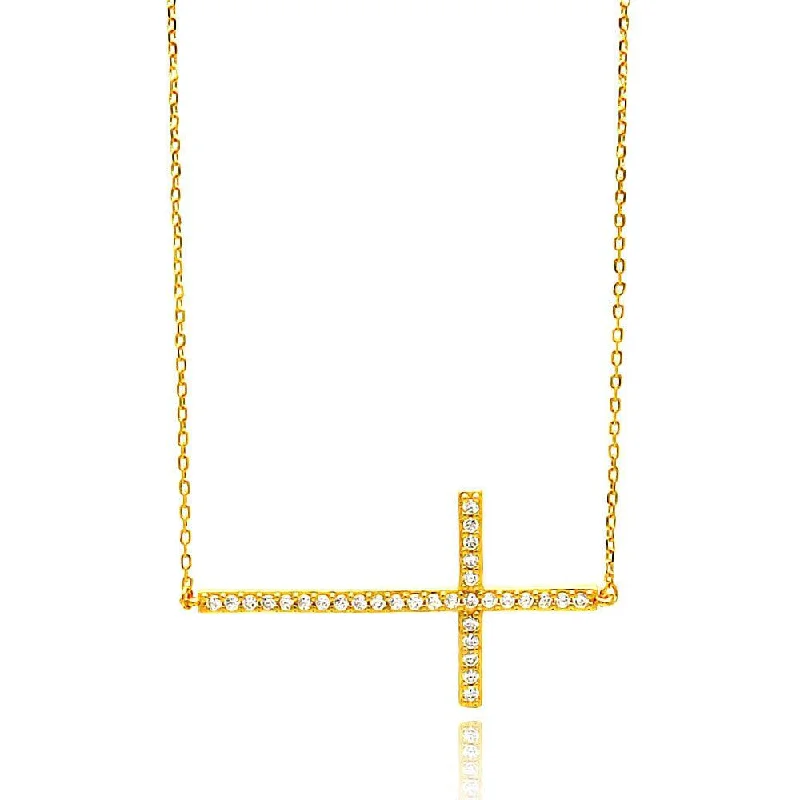 Best necklaces and pendants with rose gold for a warm and romantic appeal-Silver 925 Gold Plated Sideways Cross Clear CZ Necklace - BGP00676