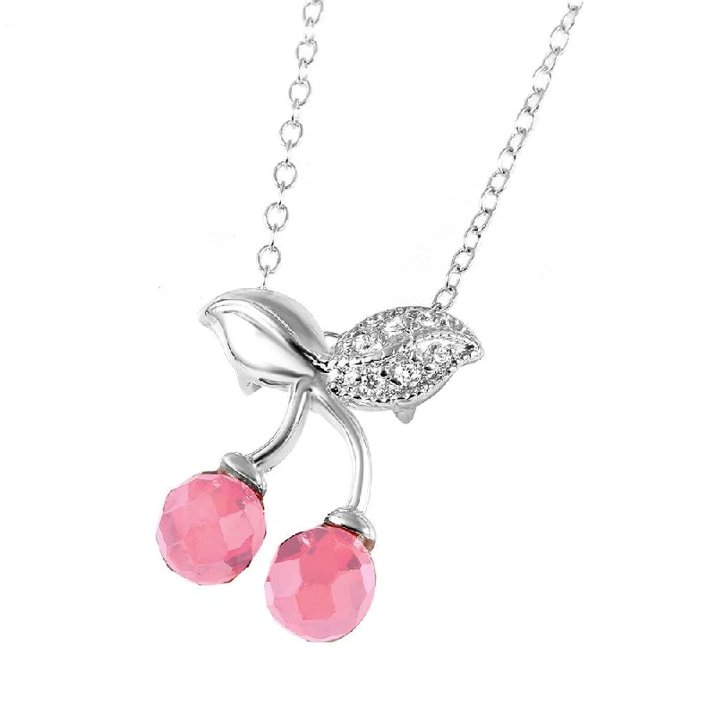 Simple necklaces and pendants with tiny charms for a delicate and casual vibe-Silver 925 Rhodium Plated Pink CZ Cherries Necklace - BGP00443PNK