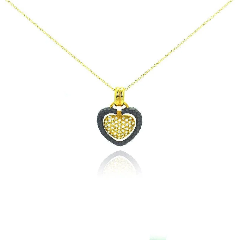 Best necklaces and pendants with personalized coordinates for a special keepsake-Clearance-Silver 925 Gold Plated and Matte Black Rhodium Finish Clear CZ Heart Pendant Necklace - STP00989