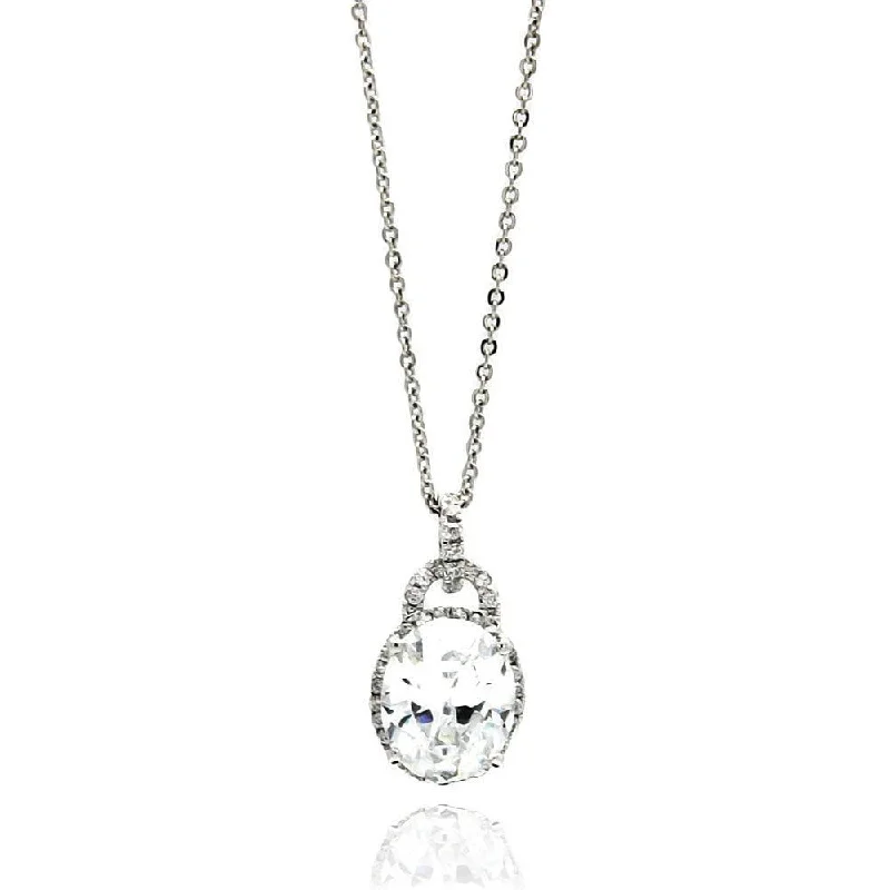 Best necklaces and pendants with intricate beadwork for a bohemian-inspired look-Silver 925 Rhodium Plated Oval CZ Necklace - BGP00536