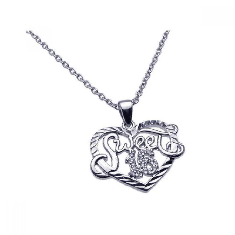 Necklaces and pendants with crescent moon designs for a celestial and mystical feel-Silver 925 Rhodium Plated Clear CZ Sweet 16 Pendant Necklace - STP00904