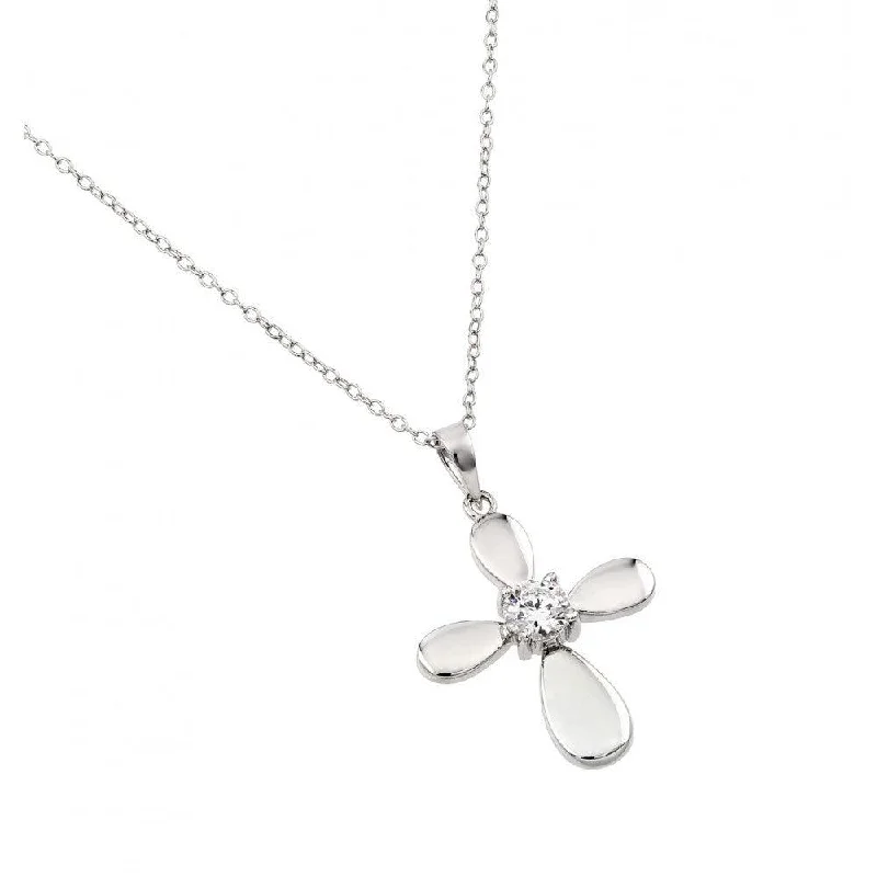 Necklaces and pendants with geometric pendants for a clean, contemporary design-Silver 925 Rhodium Plated Solid Cross Clear CZ Center Pendant Necklace - BGP00878