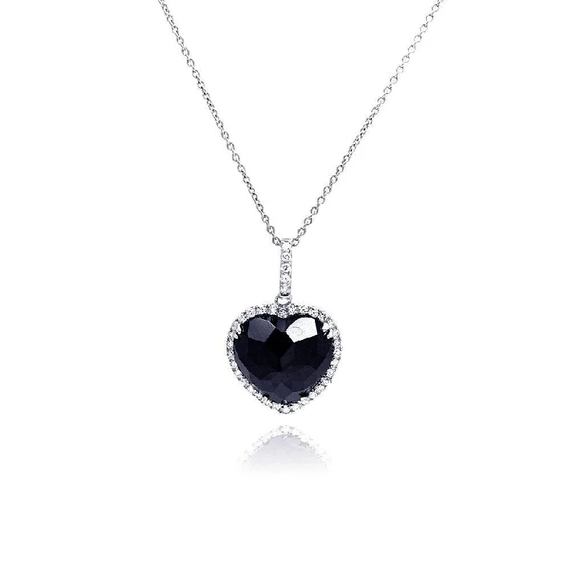 Best necklaces and pendants with cubic zirconia for a budget-friendly dazzling effect-Clearance-Silver 925 Rhodium Plated Clear CZ Black Onyx Heart Pendant Necklace - STP01051