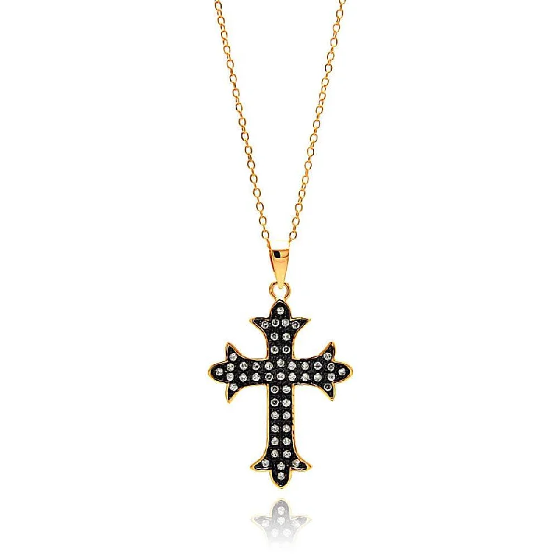 Best necklaces and pendants with glowing moonstone for an ethereal glow-Silver 925 Gold and Black Plated Cross CZ Inlay Necklace - BGP00686