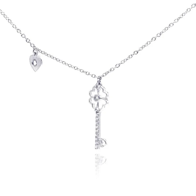 Stunning necklaces and pendants with aquamarine stones for a serene effect-Silver 925 Rhodium Plated Clear CZ Key Pendant Necklace - STP01055