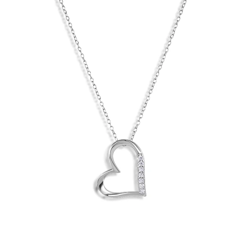 Best necklaces and pendants with vintage coin pendants for a unique accessory-Silver 925 Rhodium Plated Slanted Heart Pendant Necklace - STP01457