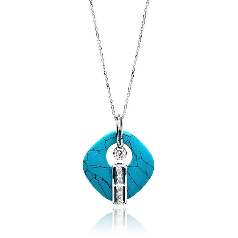 Necklaces and pendants with abstract shapes for a modern, creative appearance-Silver 925 Rhodium Plated Turquoise Open Square Stone Center Circle CZ Necklace - BGP00644