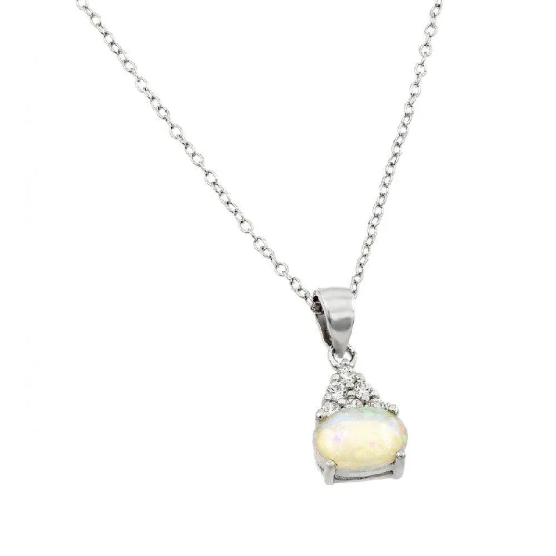 Necklaces and pendants with pearls for a classic and sophisticated touch-Silver 925 Rhodium Plated Clear CZ and Oval Opal Pendant Necklace - STP01411