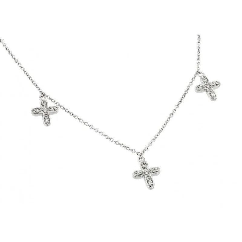 Best necklaces and pendants with rose gold for a warm and romantic appeal-Silver 925 Rhodium Plated Three Small Cross CZ Necklace - BGP00495