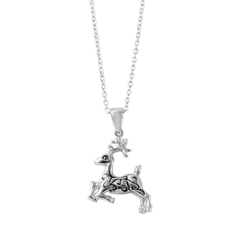 Necklaces and pendants with celestial starburst designs for a radiant look-Silver 925 Rhodium Reindeer Pendent Necklace with Stylized Design - STP01478