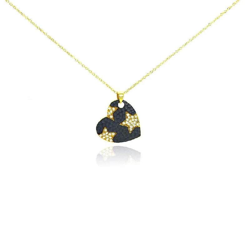 Necklaces and pendants with sun and moon motifs for a celestial-inspired design-Clearance-Silver 925 Gold Plated and Matte Black Rhodium Finish Clear CZ Star Heart Pendant Necklace - STP00987