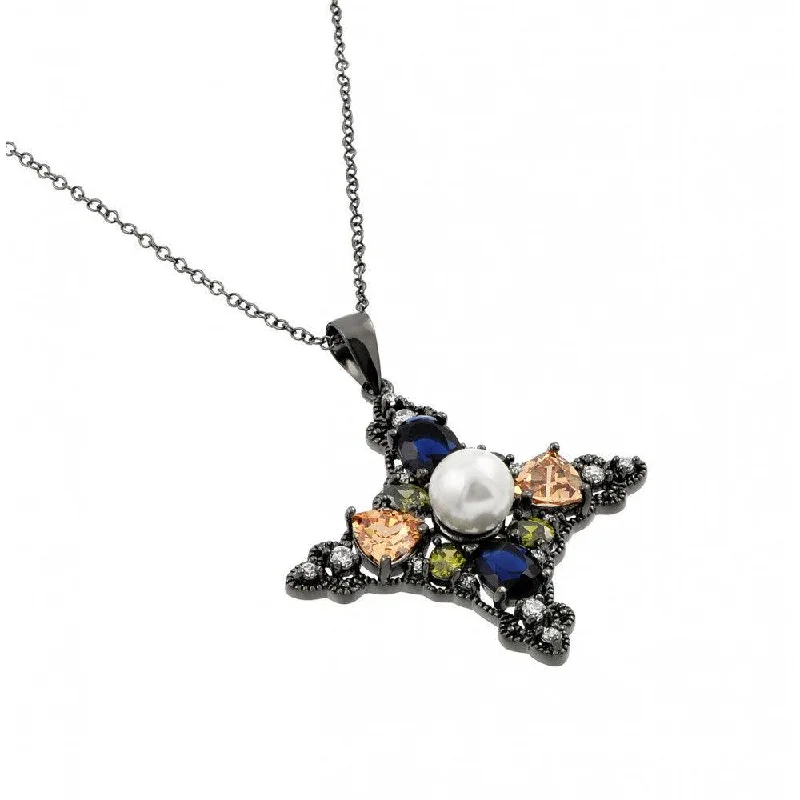 Necklaces and pendants with enamel accents for a colorful, eye-catching appearance-Silver 925 Black Rhodium Plated Multi-Color CZ Stones and Pearl Pendant Necklace - BGP00930