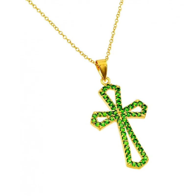 Best necklaces and pendants with intricate beadwork for a bohemian-inspired look-Silver 925 Gold Plated Cross with Green CZ stones Pendant Necklace - BGP00895