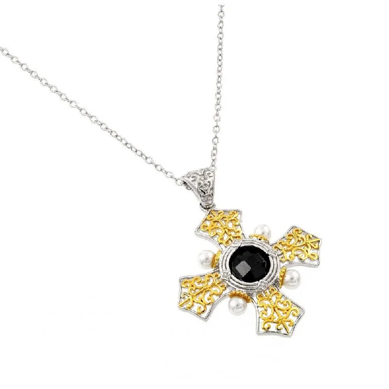 Best necklaces and pendants with statement designs for a fashionable accessory-Silver 925 Rhodium and Gold Plated Box Cross with Black CZ Stone Pendant Necklace - BGP00897