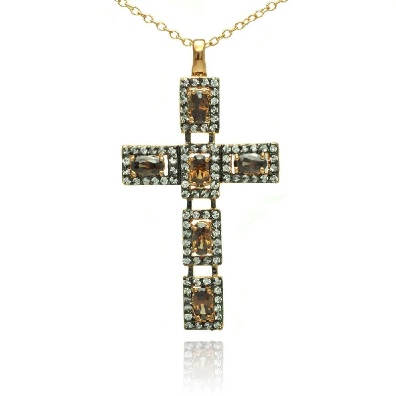 Necklaces and pendants with ocean-inspired designs for a refreshing, beachy feel-Clearance-Silver 925 Rhodium Plated Cross Clear and Champagne CZ Necklace - BGP00714