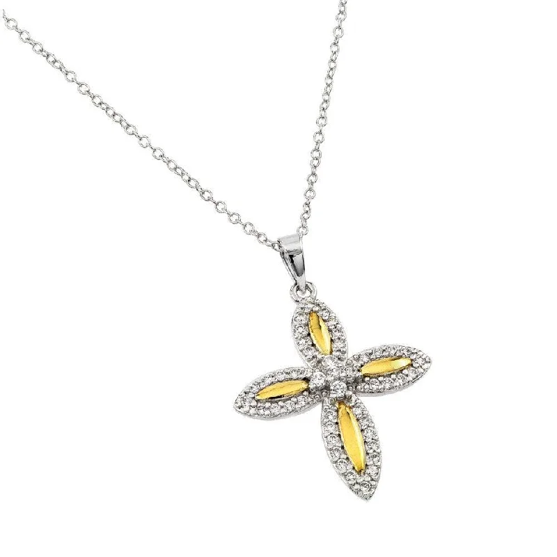 Best necklaces and pendants with layered designs for a chic, stacked look-Silver 925 Rhodium Plated Clear and Yellow CZ 4 Petal Flower Pendant Necklace - BGP00890