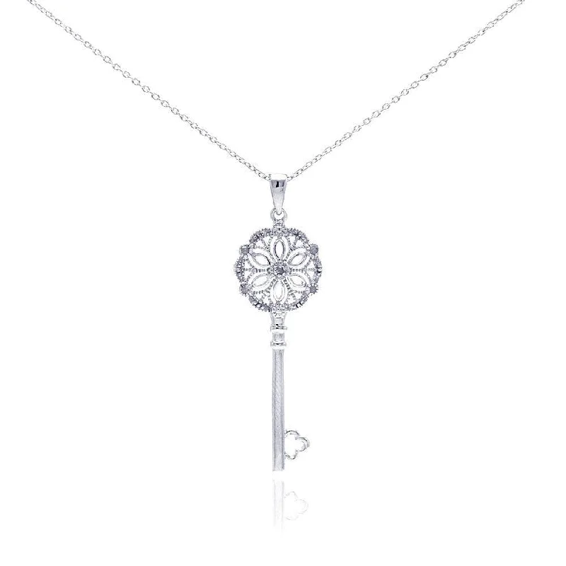 Best necklaces and pendants with black diamonds for an edgy, bold statement-Silver 925 Rhodium Plated Clear Diamond Key Pendant Necklace - STP01040