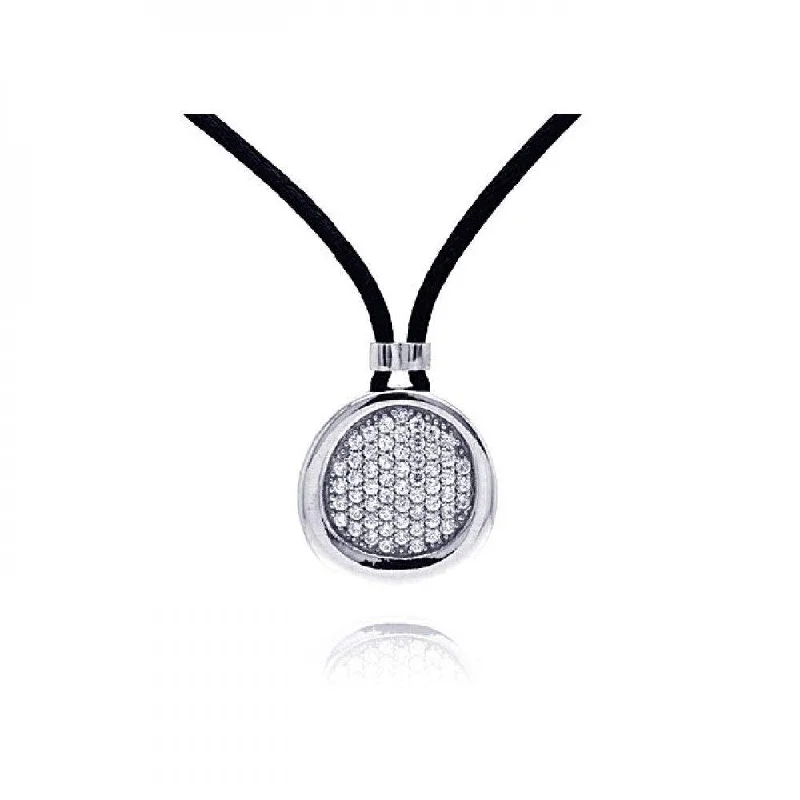 Best necklaces and pendants with emerald gemstones for a rich, sophisticated design-Clearance-Silver 925 Rhodium Plated Clear CZ Circle Pendant Leather Necklace - STP01053