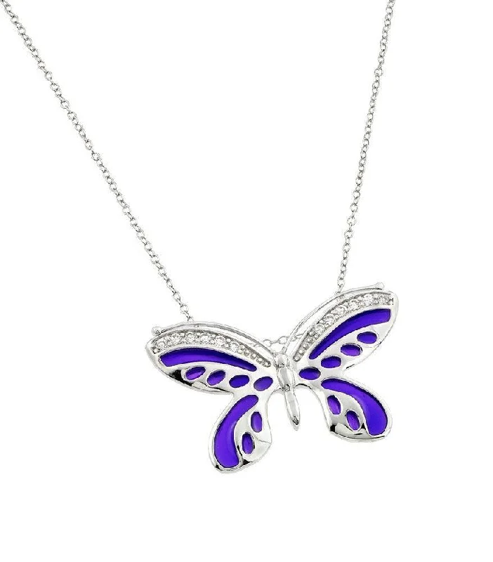 Best necklaces and pendants with intricate filigree for vintage-inspired elegance-Silver 925 Rhodium Plated Purple Enamel Butterfly Clear CZ Inlay Necklace - BGP00811