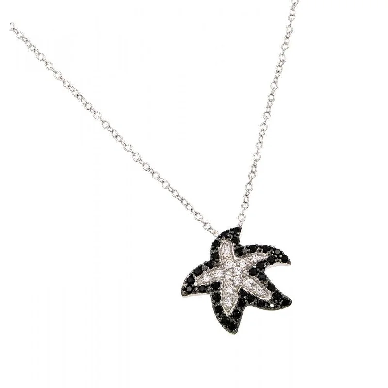 Best necklaces and pendants with intertwined designs for a symbol of unity-Silver 925 Rhodium Plated Clear and Black CZ Stone Starfish Pendant Necklace - BGP00862