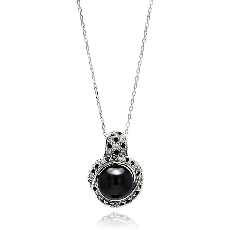 Necklaces and pendants with lock and key designs for a symbolic gesture-Clearance-Silver 925 Rhodium Plated Round CZ Black Center Pearl Necklace - BGP00573