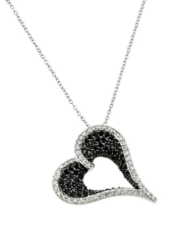 Necklaces and pendants with feather designs for a boho-chic, carefree vibe-Silver 925 Rhodium Plated Clear and Black CZ Stone Curved Heart Pendant Necklace - BGP00865