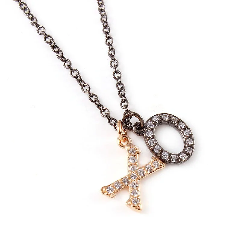 Fashionable necklaces and pendants with birthstones for a personalized gift idea-Silver 925 Black Rhodium and Rose Gold Plated Plated XO Hug Kiss Necklace with CZ - BGP00932