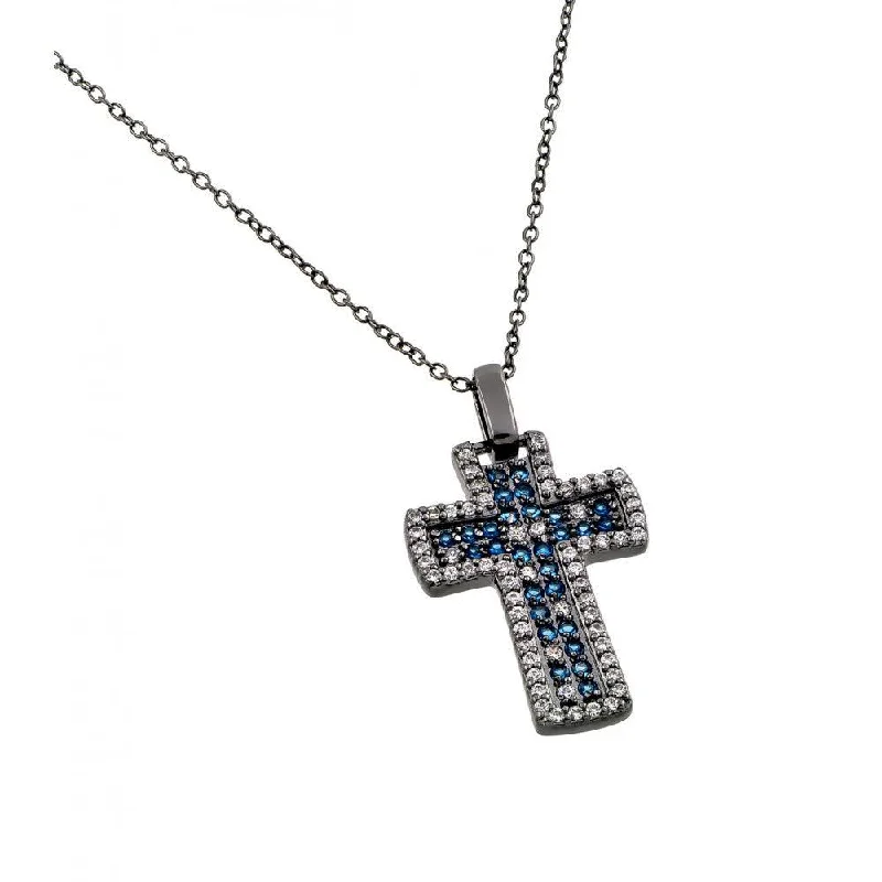 Best necklaces and pendants with sterling silver for an affordable yet stylish choice-Silver 925 Rhodium Plated Clear and Blue CZ Oxidized Cross Pendant Necklace - BGP00872