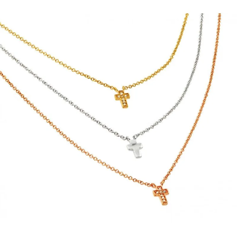 Stunning necklaces and pendants with sapphire gemstones for a luxurious blue hue-Silver 925 Rhodium Gold and Rose Gold Plated Clear CZ Cross Pendants Necklace - STP01403