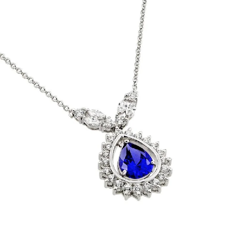 Necklaces and pendants with crescent moon designs for a celestial and mystical feel-Silver 925 Rhodium Plated Blue CZ Drop Shape Pendant Necklace - BGP00830B