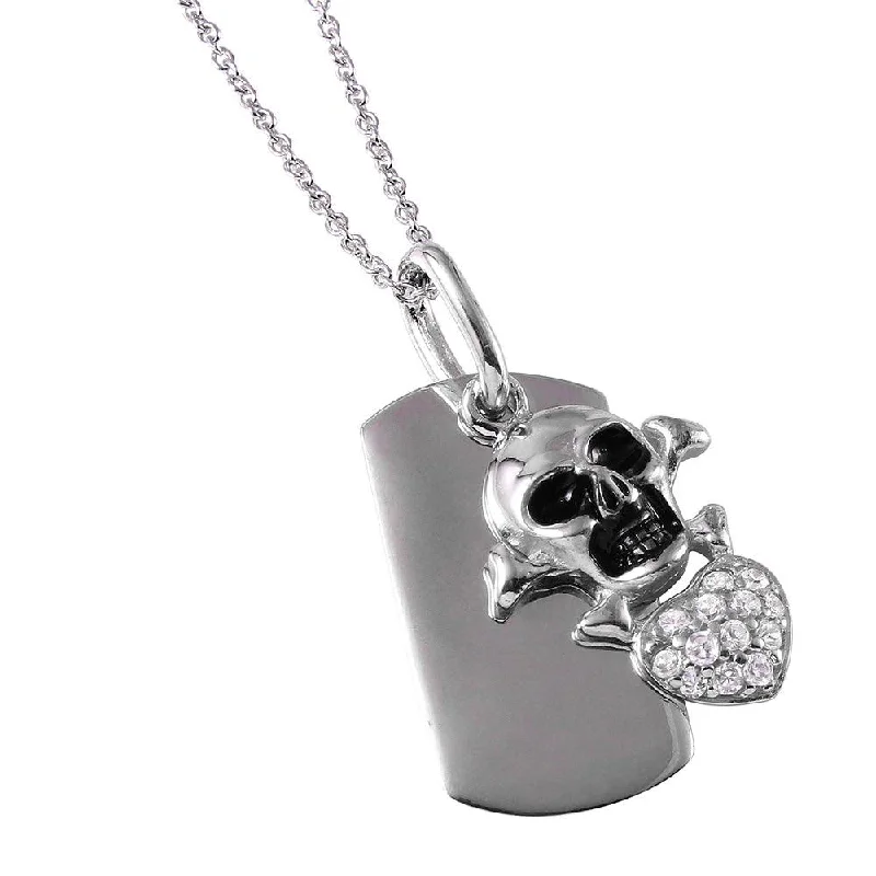 Best necklaces and pendants for weddings with matching designs for bride and groom-Clearance-Silver 925 Rhodium Plated Skull Heart Tag Necklace - STP00745