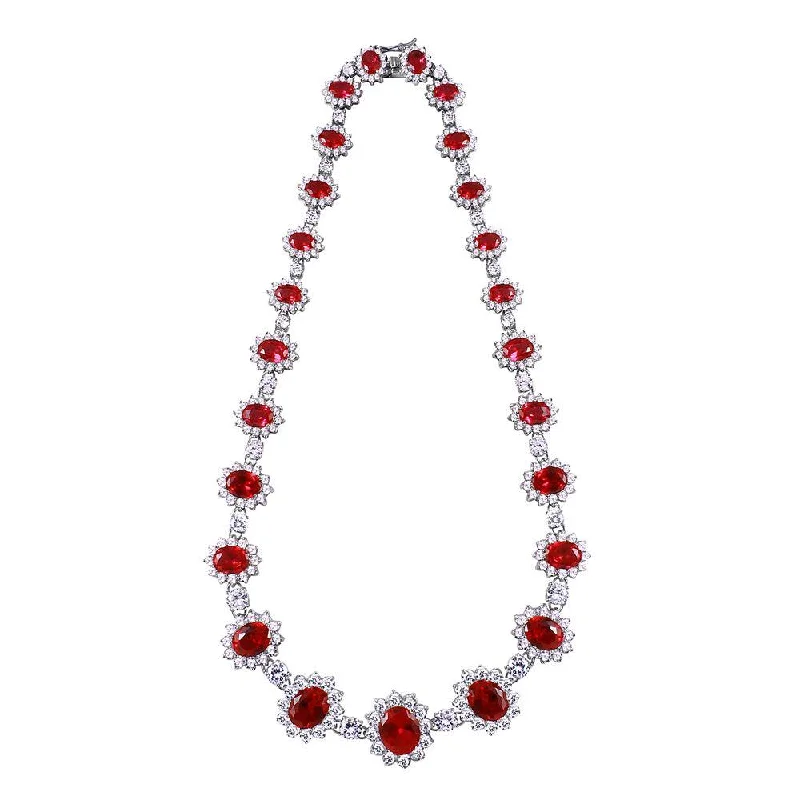 Stylish necklaces and pendants with diamonds for a glamorous and elegant look-Silver 925 Rhodium Plated Red CZ Oval Cluster Necklace - STP00885RD