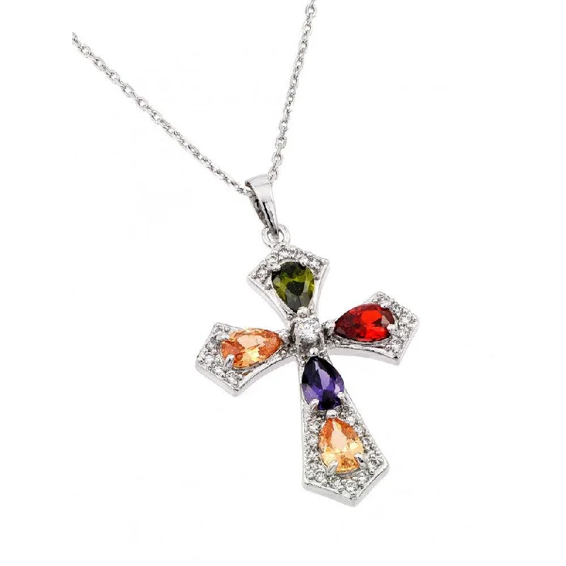 Stunning necklaces and pendants with aquamarine stones for a serene effect-Silver 925 Rhodium Plated Multiple Color Teardrop Cross CZ Necklace - BGP00658