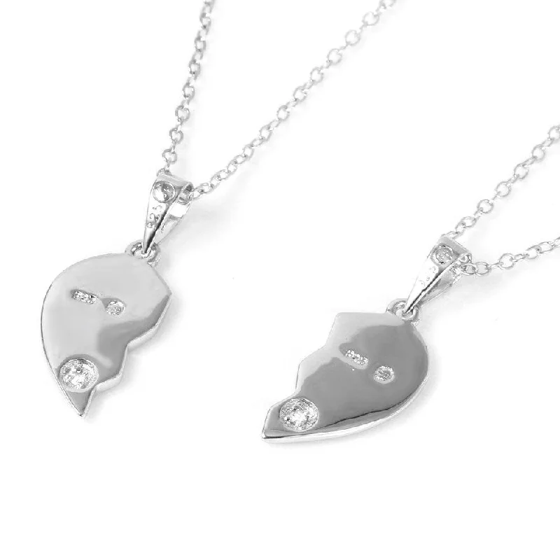 Beautiful necklaces and pendants with diamond halo settings for extra brilliance-Silver 925 Double Broken Hearts with Small CZ Stud Accents Pendant Necklace - BGP01017