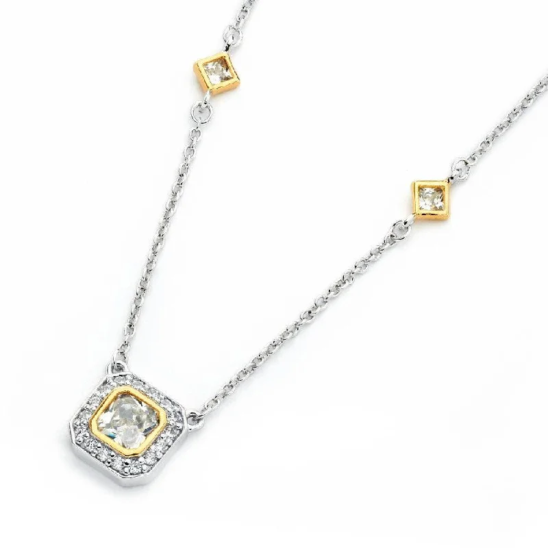 Best necklaces and pendants with matching earrings for a coordinated, elegant look-Silver 925 Rhodium Plated Square Clear and Gold CZ Necklace - BGP00817