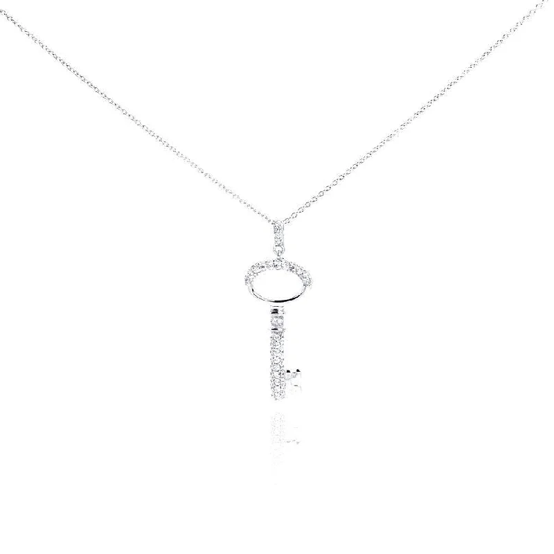 Best necklaces and pendants with art deco elements for a vintage, glamorous design-Silver 925 Rhodium Plated Clear CZ Key Pendant Necklace - STP01001