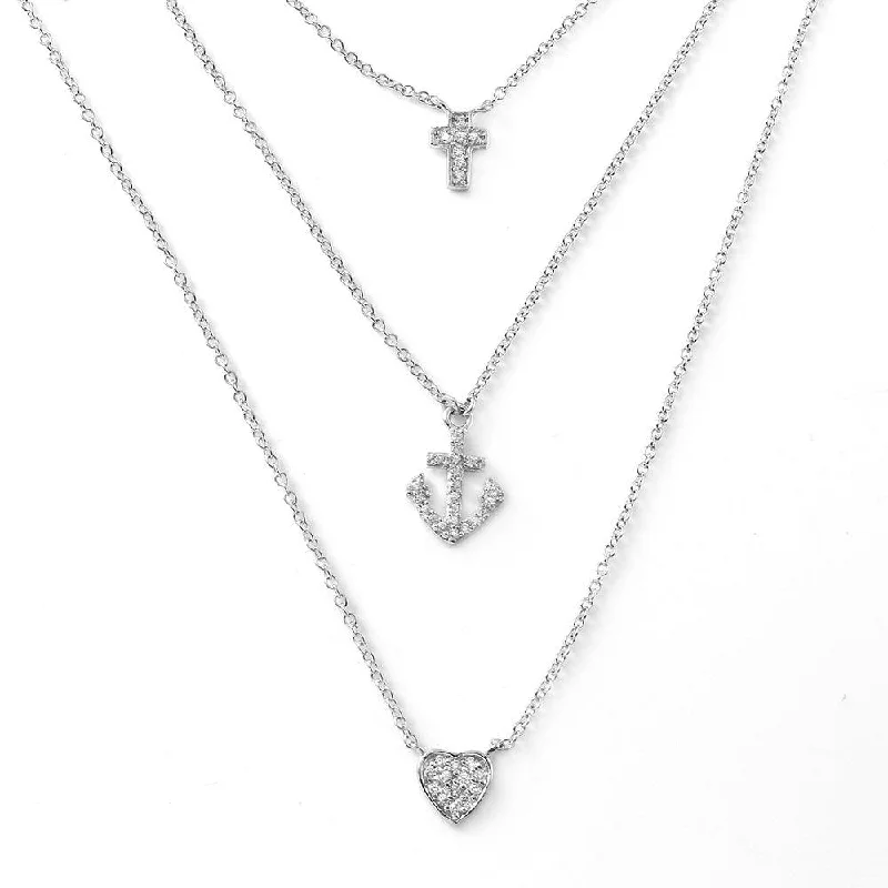 Best necklaces and pendants with cubic zirconia for a budget-friendly dazzling effect-Silver 925 Rhodium Plated Cross Anchor Heart Necklace - STP01475