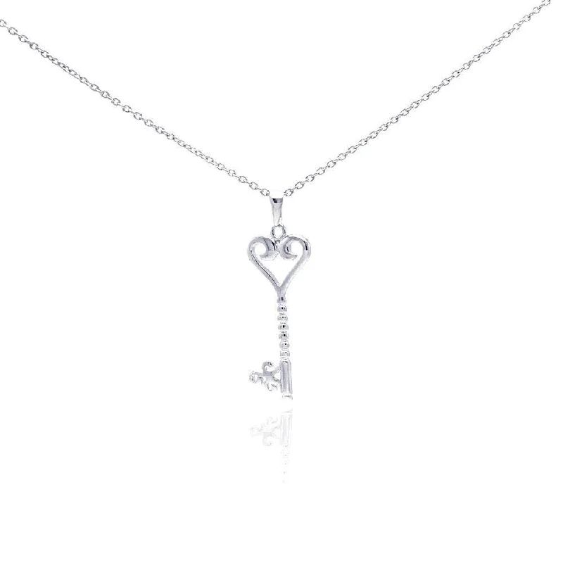 Stunning necklaces and pendants with amethyst gemstones for a calming effect-Silver 925 Rhodium Plated Clear CZ Key Heart Pendant Necklace - STP01045